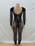 MB FASHION Long Sleeve Sheer Mesh Lace Detail Jumpsuit 011