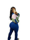 EVERY FASHION Color-Block Cropped Jacket and High-Waist Flare Pants Set MB 4060LY