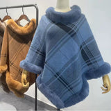 Every Fashion Plaid Faux Fur Trim Poncho with Elegant Drape