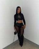 MB FASHION Sheer Mesh Mock-Neck Crop Top & High-Waist Tights Set 1477