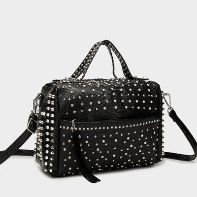 EVERY FASHION Studded Barrel Satchel Bag with Tassel Detail and Textured Finish 9070