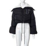 MB FASHION Letter Patch Cropped Puffer Jacket with Fleece Collar 392