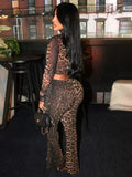MB FASHION Two-Piece Sheer Animal Print Top and Flared Pants Set 9729