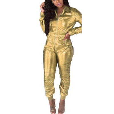 MB FASHION (MIXED BUNDLE 20 PIECE ) Shiny Metallic Long-Sleeve Zip-Up Jumpsuit with Elastic Waist 8250