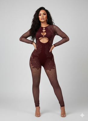 MB FASHION Mesh Cutout Jumpsuit with Ring Details and Lace Patterns 0196LY