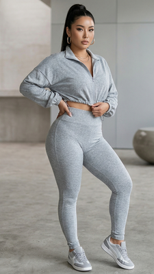 EVERY FASHION Zip-Up Crop Jacket & High-Waist Leggings Set 4059