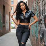 MB FASHION Cropped Snap-Button Short Sleeve Shirt with Collar 141T