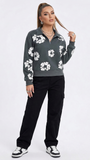 MB FASHION Floral Pattern Half-Zip Collared Sweatshirt TOP 4567LY