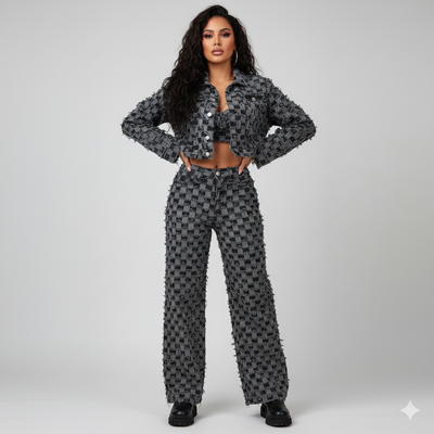 MB FASHION Textured Two-Piece Jacket and Wide-Leg Pants Set 1339