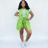 MB FASHION Pinstripe Vest and Shorts Set with Belted Waist 5505R