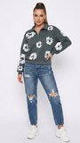 MB FASHION Floral Pattern Half-Zip Collared Sweatshirt TOP 4567LY