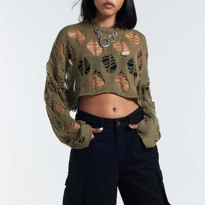 MB FASHION LONG SLEEVE DISTRESSED KNIT TOP SWEATER 0246LY