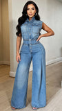 MB FASHION Sleeveless Wide Leg Denim Jumpsuit - Light Blue 1300