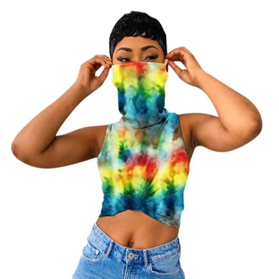 MB FASHION Knotted High-Neck Crop Top with Matching Face Covering 7977