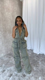 MB FASHION Hooded Denim Jumpsuit with Utility Pockets and Drawstring Waist 8582LY