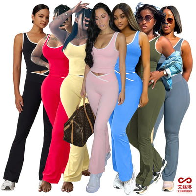 MB FASHION Two-Piece Contrast Trim Tank Top and Crossover Waist Flare Pants Set 6789LY