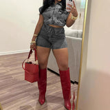 MB FASHION Two-Piece Denim Crop Top and High-Waisted Shorts Set 8002LY