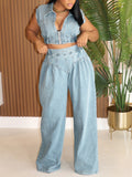 MB FASHION Two-Piece Sleeveless Zip-Up Denim Crop Top and Wide-Leg Pants Set 314LY