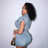MB FASHION Two-Piece Sleeveless Denim Crop Top and High-Waisted Shorts Set 8006LY