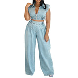 MB FASHION Two-Piece Sleeveless Zip-Up Denim Crop Top and Wide-Leg Pants Set 314LY