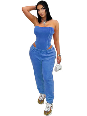 MB FASHION Strapless Ribbed Corset Top and Jogger Pants Set 5082LY