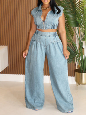 MB FASHION Two-Piece Sleeveless Zip-Up Denim Crop Top and Wide-Leg Pants Set 314LY