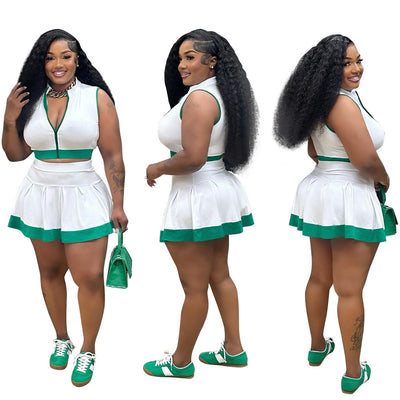 MB FASHION Two-Piece Zip-Up Crop Top and Pleated Mini Skirt Set 1804LY