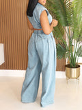 MB FASHION Two-Piece Sleeveless Zip-Up Denim Crop Top and Wide-Leg Pants Set 314LY