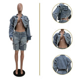 MB FASHION Distressed Denim Patchwork Crop Jacket and Bermuda Shorts Set 1332LY