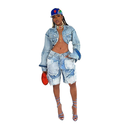 MB FASHION Distressed Denim Patchwork Crop Jacket and Bermuda Shorts Set 1332LY