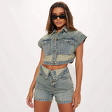 MB FASHION Two-Piece Denim Crop Top and High-Waisted Shorts Set 8002LY