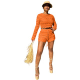 MB FASHION Two-Piece Crochet Knit Long Sleeve Top and Shorts Set 1099LY