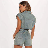 MB FASHION Two-Piece Denim Crop Top and High-Waisted Shorts Set 8002LY
