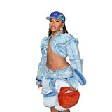 MB FASHION Distressed Denim Patchwork Crop Jacket and Bermuda Shorts Set 1332LY