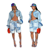 MB FASHION Distressed Denim Patchwork Crop Jacket and Bermuda Shorts Set 1332LY