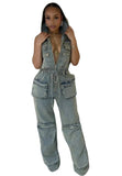 MB FASHION Hooded Denim Jumpsuit with Utility Pockets and Drawstring Waist 8582LY