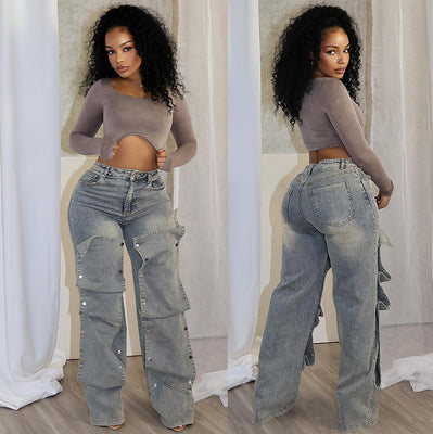 MB FASHION High-Waisted Wide-Leg Jeans with Layered Snap Panels 1005LY
