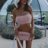 MB FASHION Faux Fur Two-Piece Set with Bandeau Top and Mini Skirt 4876LY