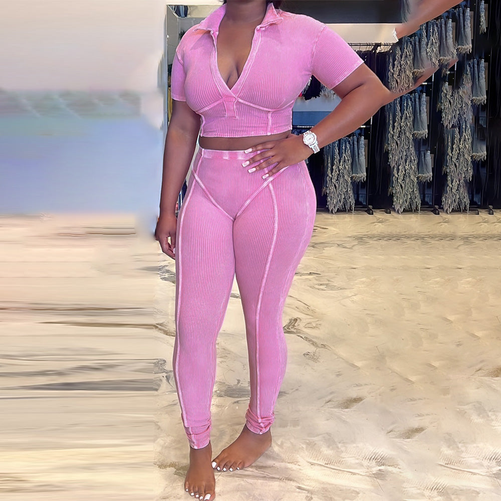 MB FASHION High Quality Ribbed V-Neck Crop Top and High-Waisted