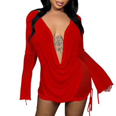 MB FASHION Sheer Two-Piece Cowl Neck Top and Mini Skirt Set 8148T