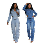 MB FASHION Denim Cargo Set with Cropped Jacket and Utility Pocket Jeans 1318LY