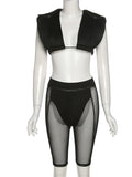 MB FASHION Padded Shoulder Crop Top & Sheer Panel High-Waist Shorts Set 3755T