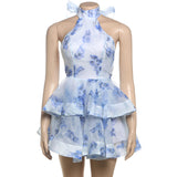 MB FASHION Blue Floral Halter Mini Dress – Layered Ruffle A-Line Elegance 1176LY