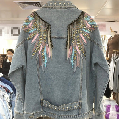 MB FASHION Embellished Denim Jacket with Feather Embroidery and Studs 8100LY