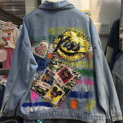 MB FASHION Light-Wash Denim Jacket with Colorful Patches and Studs 1151LY