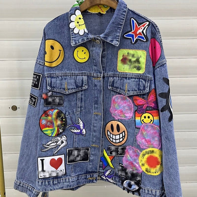 MB FASHION Oversized Denim Jacket with Colorful Graphic Patches 3981LY