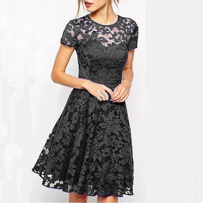 MB FASHION Black Elegant Floral Lace Short Sleeve Fit-and-Flare Dress 6801