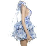 MB FASHION Blue Floral Halter Mini Dress – Layered Ruffle A-Line Elegance 1176LY