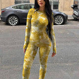 MB FASHION Abstract Pattern Long-Sleeve Bodycon Full-Length Jumpsuit 3691LY