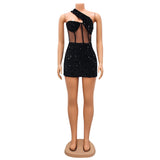 MALYBGG Asymmetrical Mesh and Pearl Embroidered Short Dress 6900LY